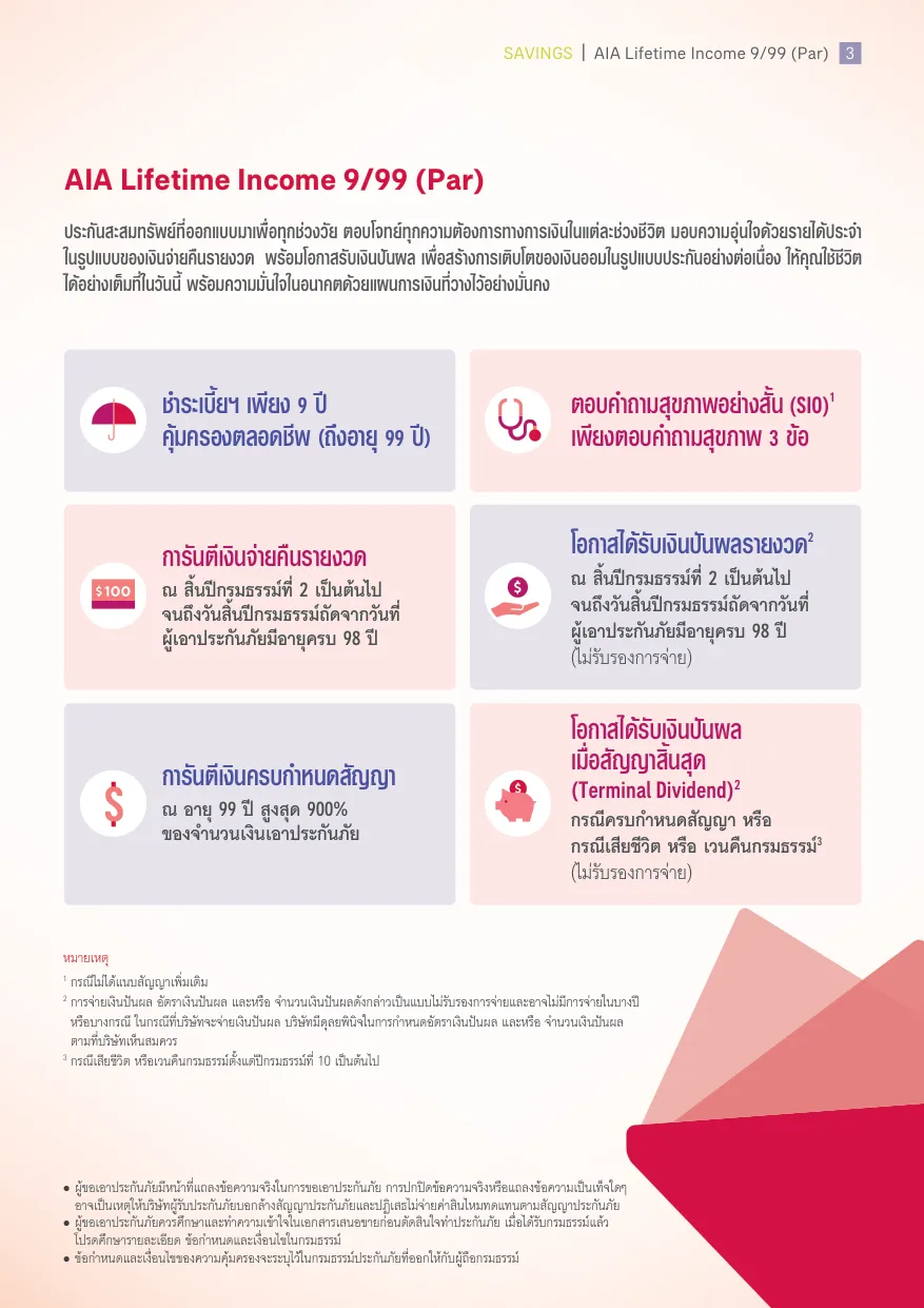สรุปผลประโยชน์และความคุ้มครองประกันสะสมทรัพย์ AIA LifeTime Income 9/99