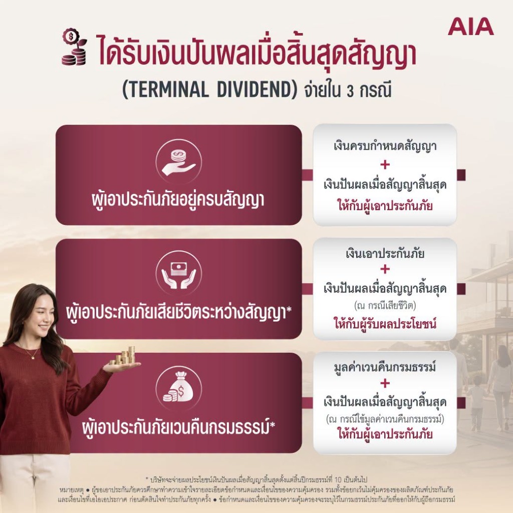 เงินปันผลเมื่อสิ้นสุดสัญญา Terminal Dividend 3 กรณี AIA Lifetime Income 9/99
