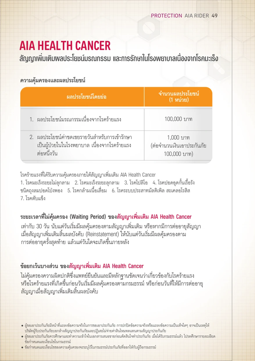 ประกันโรคมะเร็ง AIA Health Cancer สัญญาเพิ่มเติมผลประโยชน์มรณกรรม และการรักษาในโรงพยาบาลเนื่องจากโรคมะเร็ง หน้าปกโบรชัวร์